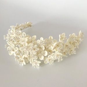 White porcelain bridal floral beaded wire headpiece